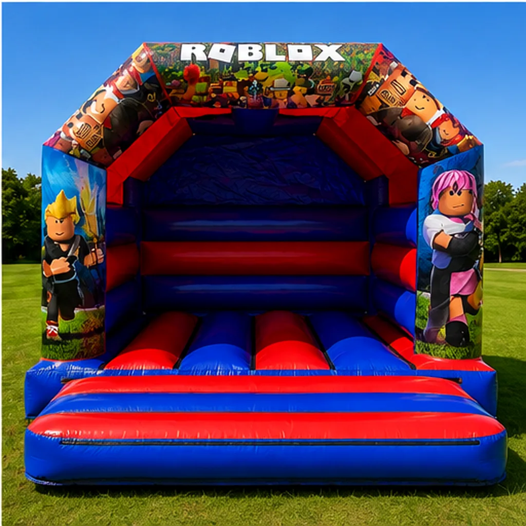 Roblox-themed red and blue bouncy castle
