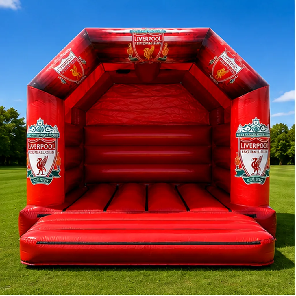 Red Liverpool-themed bouncy castle front view