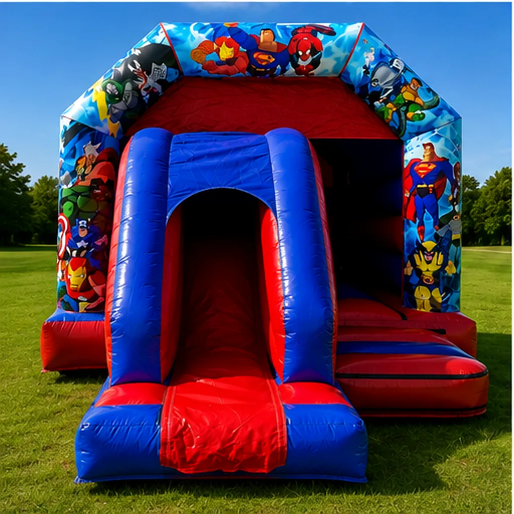 Superhero-themed bounce and slide combo front view