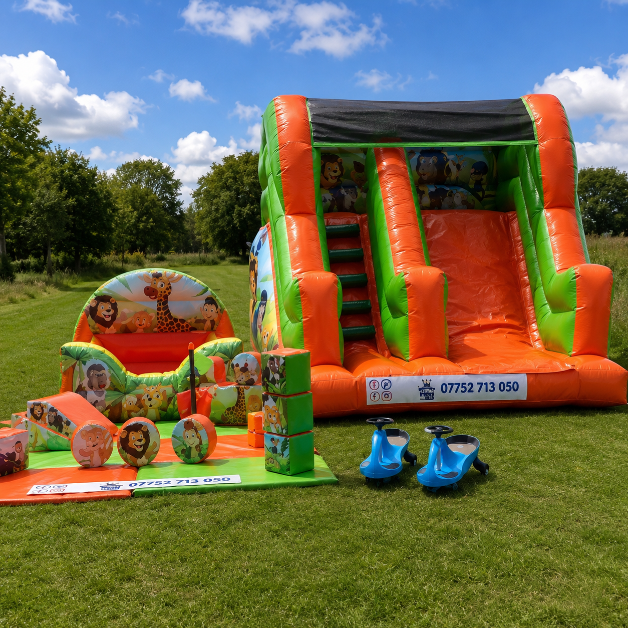 Jungle-themed soft play set with slide and ride-ons