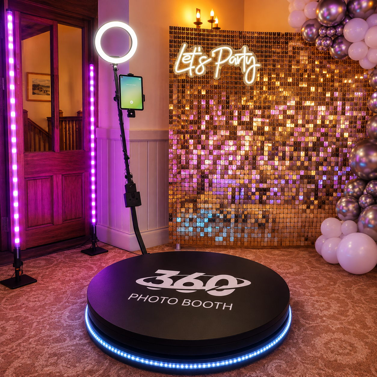 360° Video Booth platform with LED lighting at a party venue