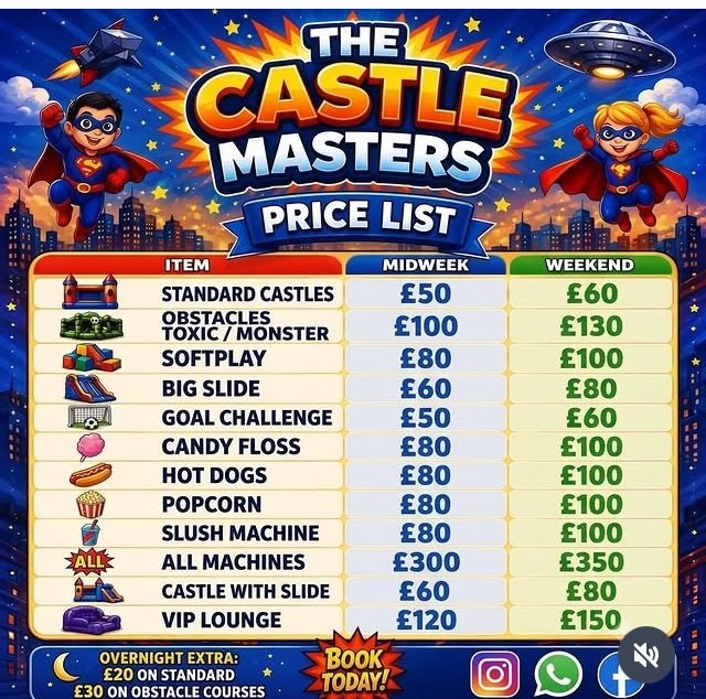 The Castle Masters price list showing midweek and weekend hire prices